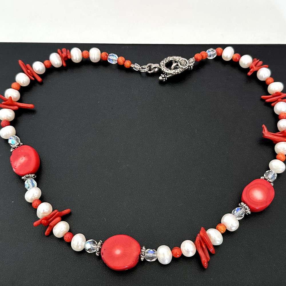 Vintage Genuine Real Pearl Coral Crystal Beaded Necklace 17"